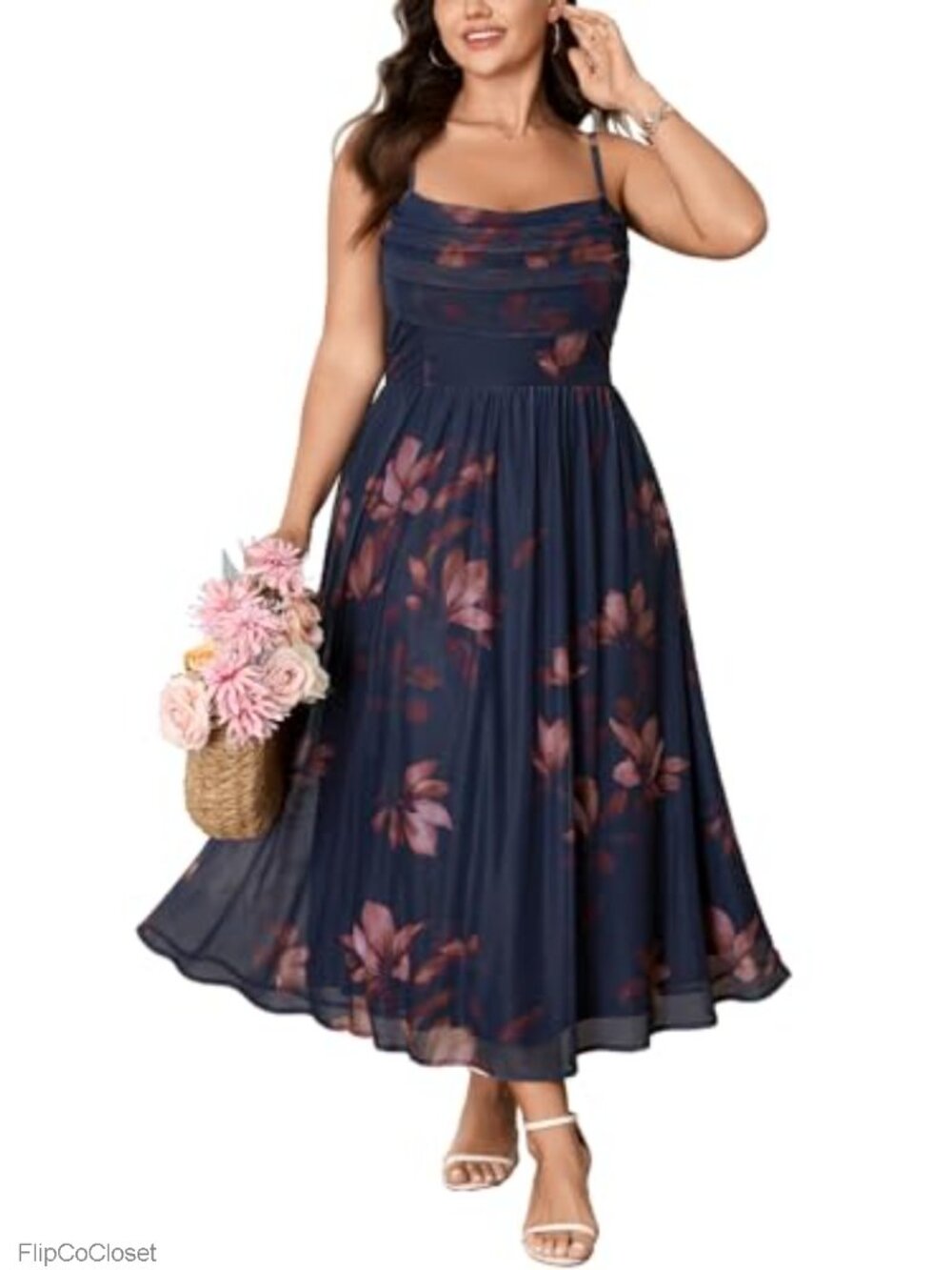 Plus Size Floral Maxi Dress Adjustable Spaghetti Strap Cowl Neck Sleeveless